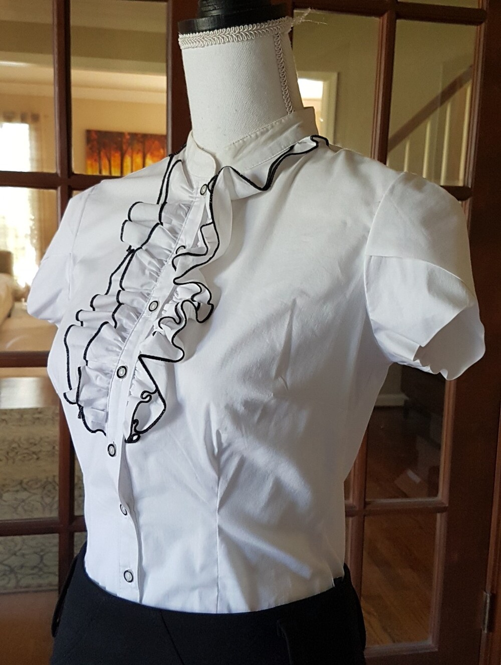 Orsay Bright White Ruffle Short Sleeve Shirt With Black Accents From Europe NEW